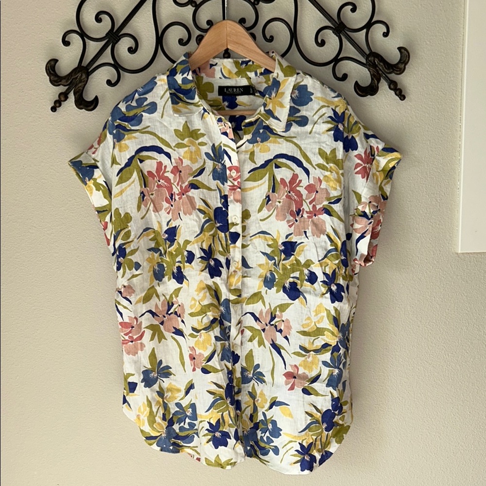 LAUREN RALPH LAUREN WOMENS LINEN BUTTON DOWN BLOUSE SIZE 1X